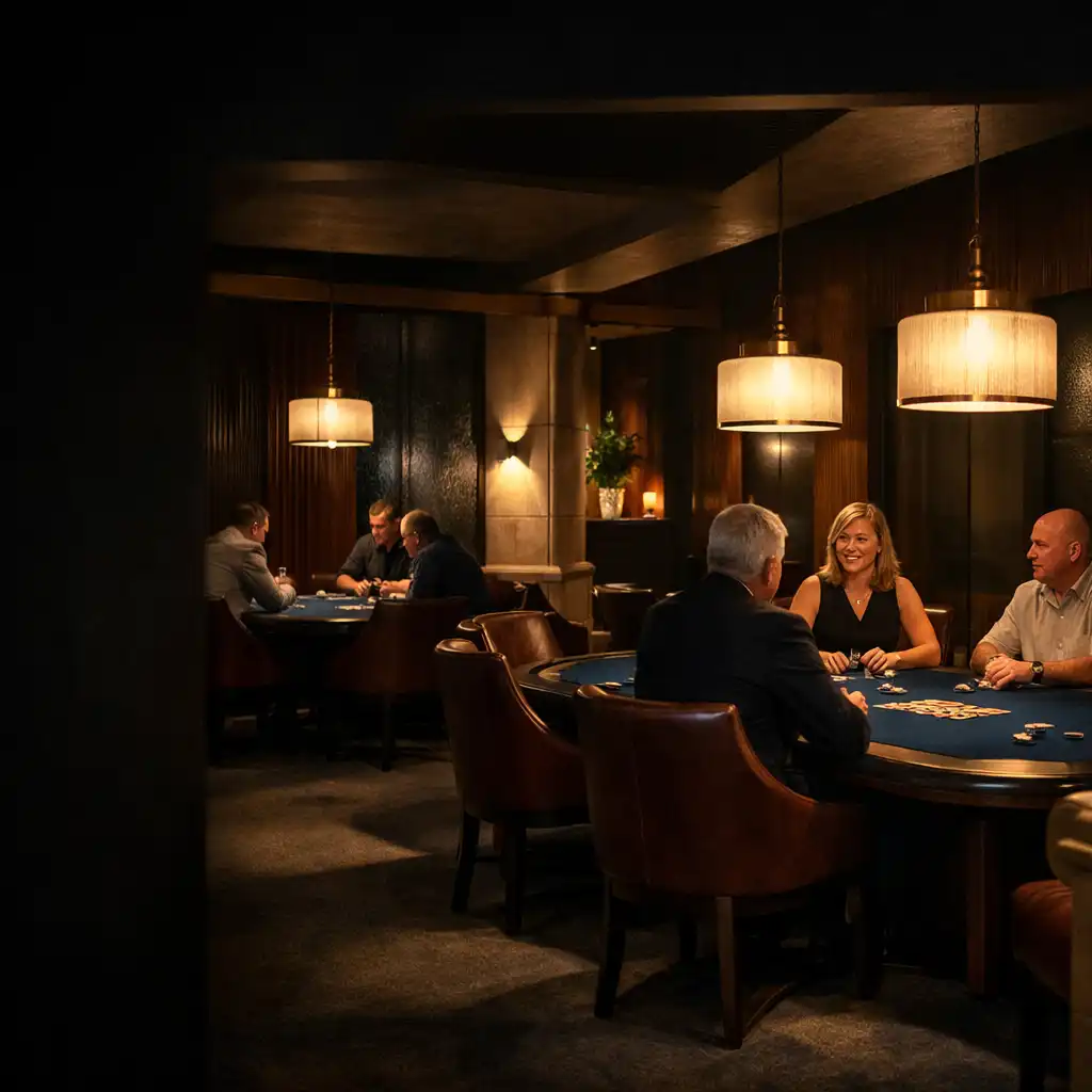 Warmly lit physical poker tables inside CasinoZona-ar’s Perth Card Room.
