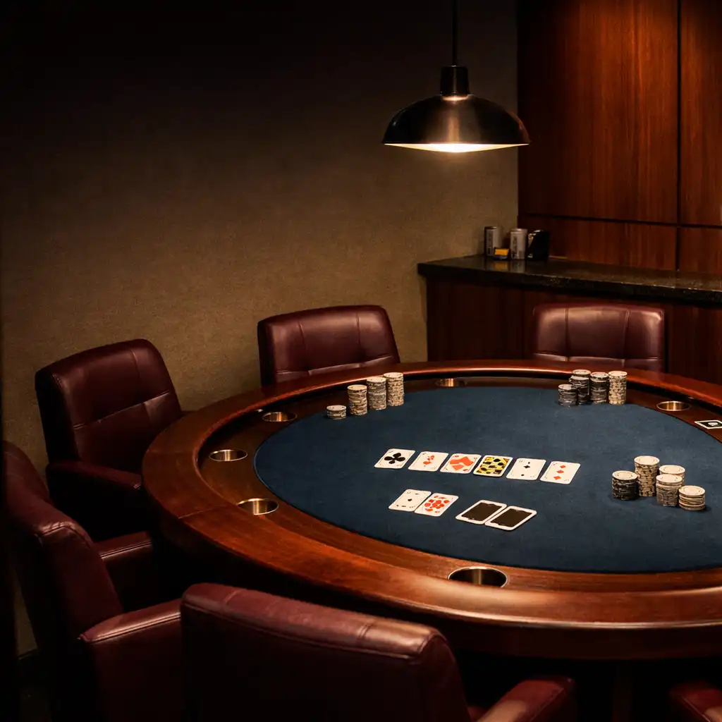 An intimate prepared poker table under warm pendant light in a private Card Room setting.