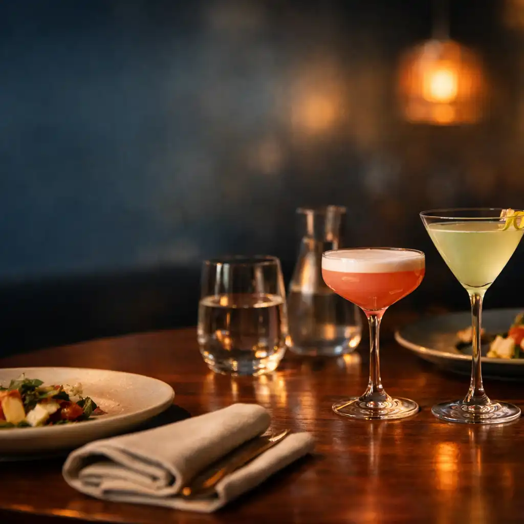 Cocktails, linen and softly lit contemporary food on a refined dining table at CasinoZona-ar
