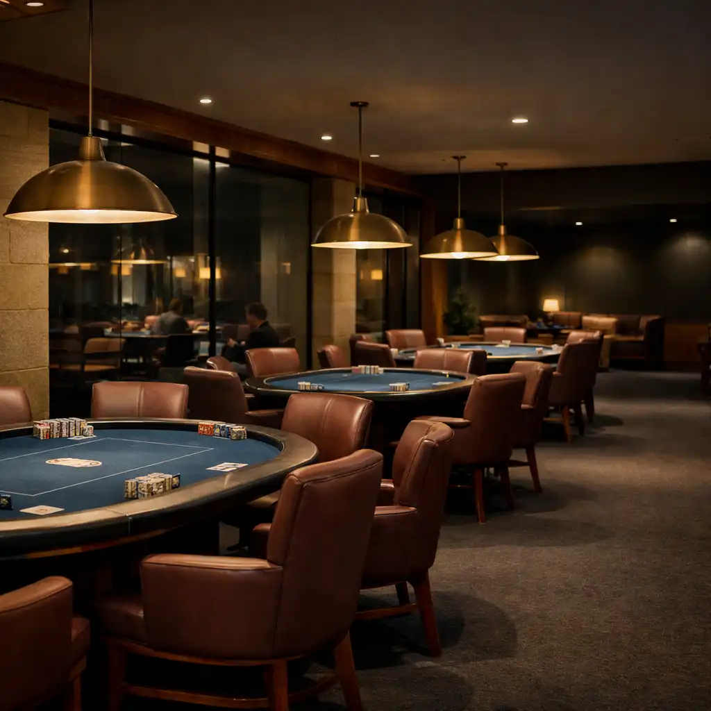 Warm pendant lights above several physical poker tables in CasinoZona-ar's contemporary Perth Card Room