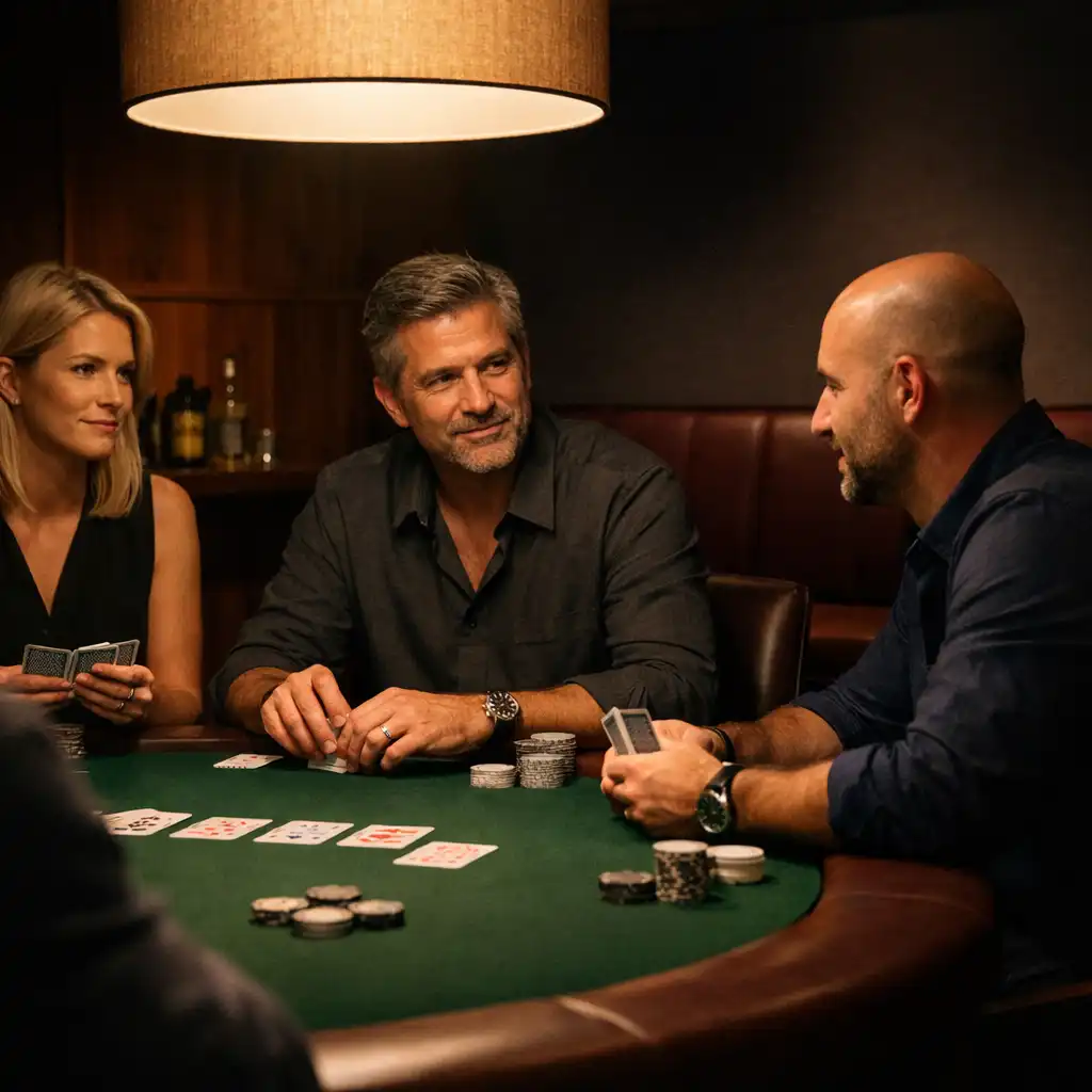 Adult guests in attentive conversation around a real felt poker table under warm pendant light