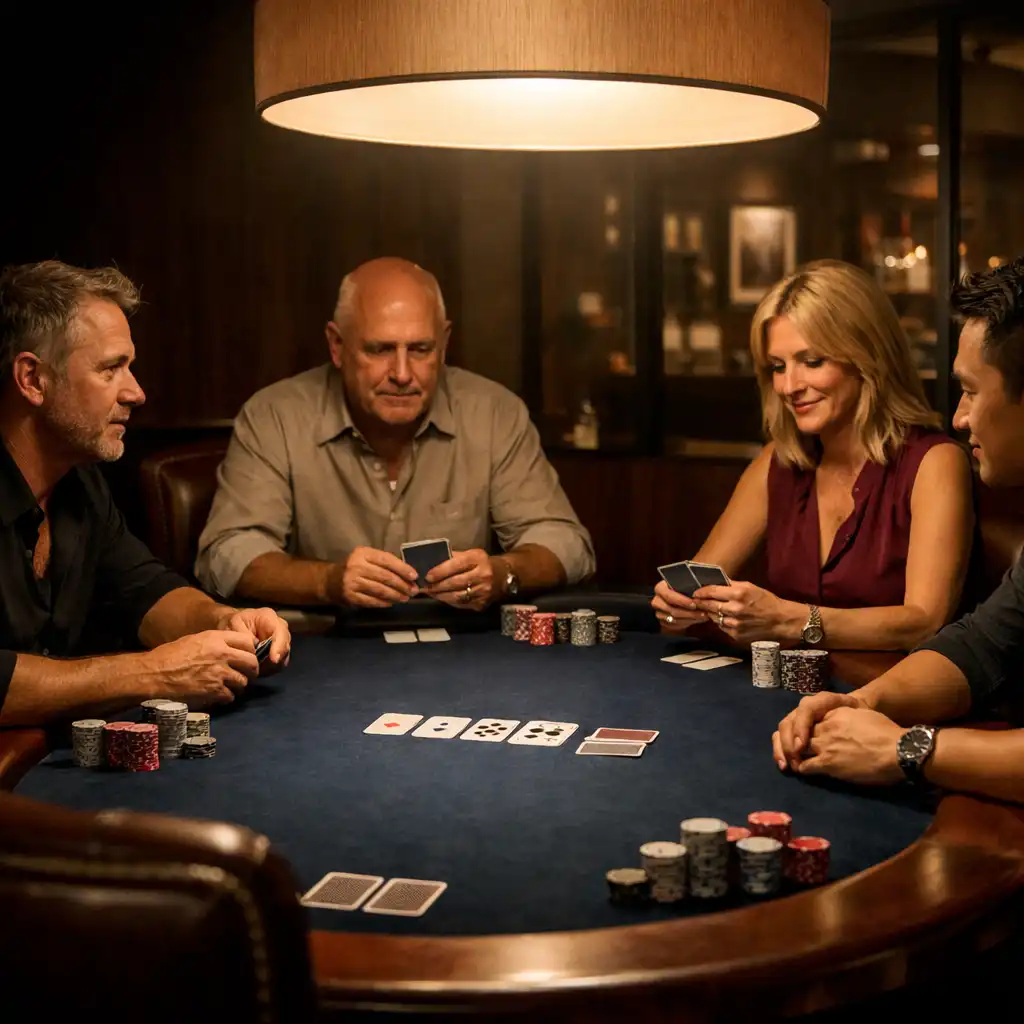 Four adult players seated face-to-face around a Texas Hold’em table under a pendant light