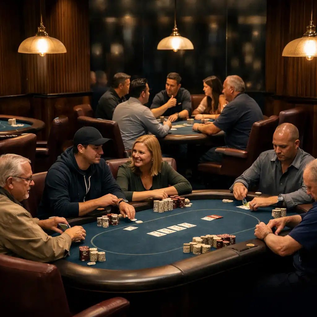 Several live poker tables with adult players in conversation and concentration in an elegant Perth Card Room.