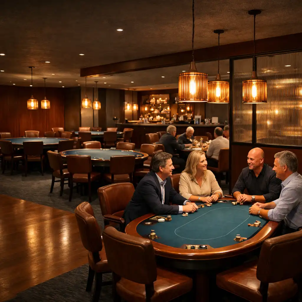 Contemporary Card Room with physical poker tables, pendant lights and adult guests in quiet conversation
