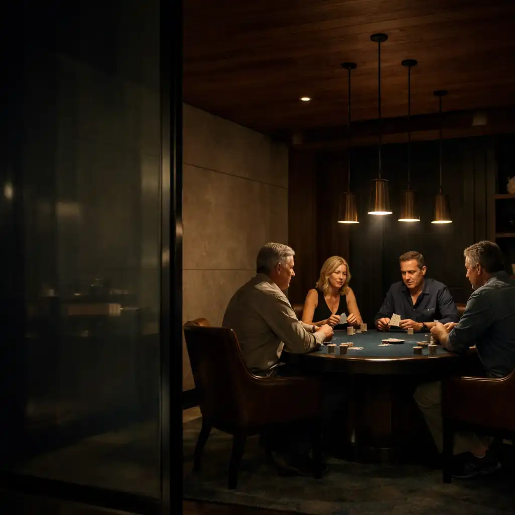 Adult guests gathered around a deep Atlantic felt physical poker table in a warmly lit Perth Card Room