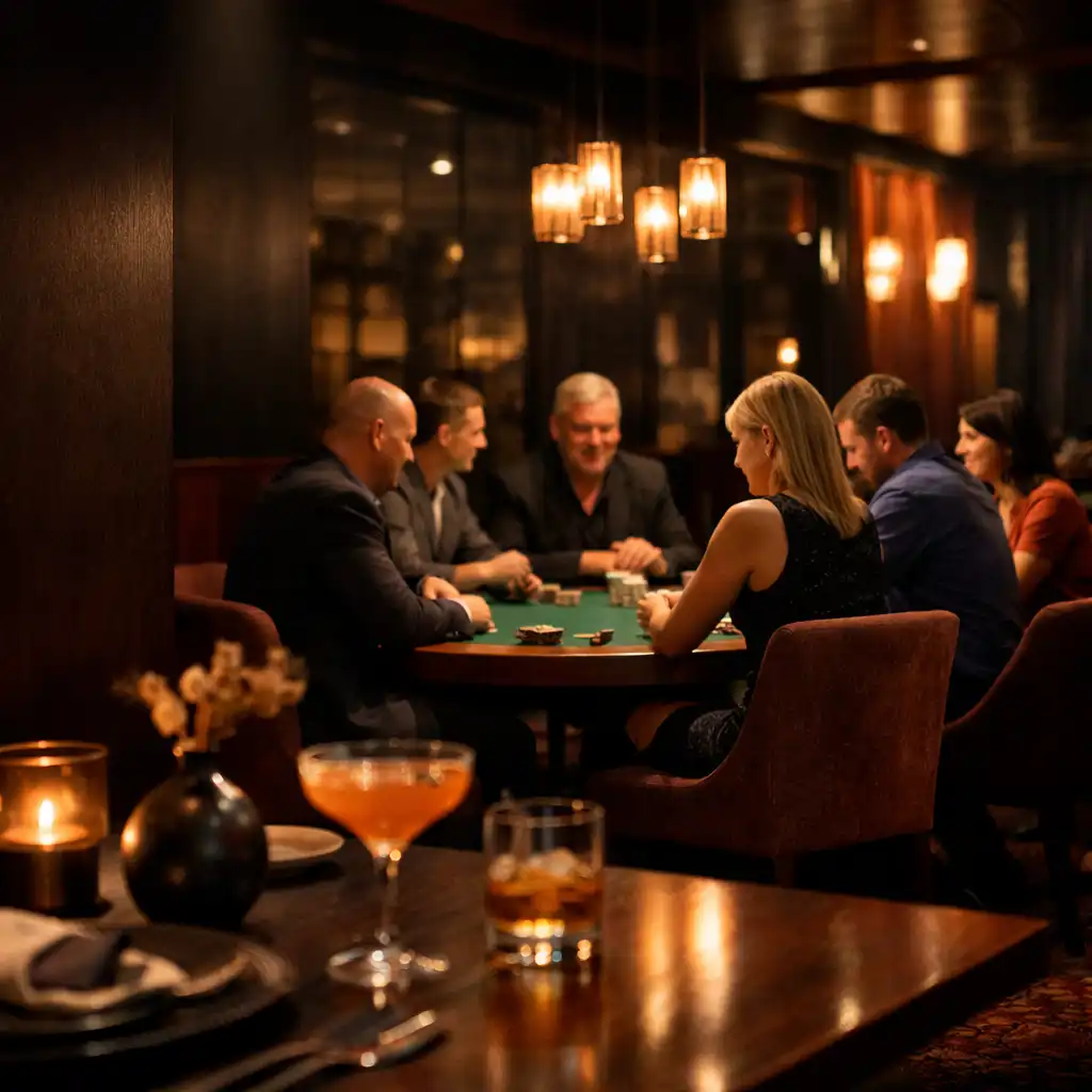 A dining setting leading toward adult guests playing face-to-face poker in a warmly lit Perth Poker Lounge