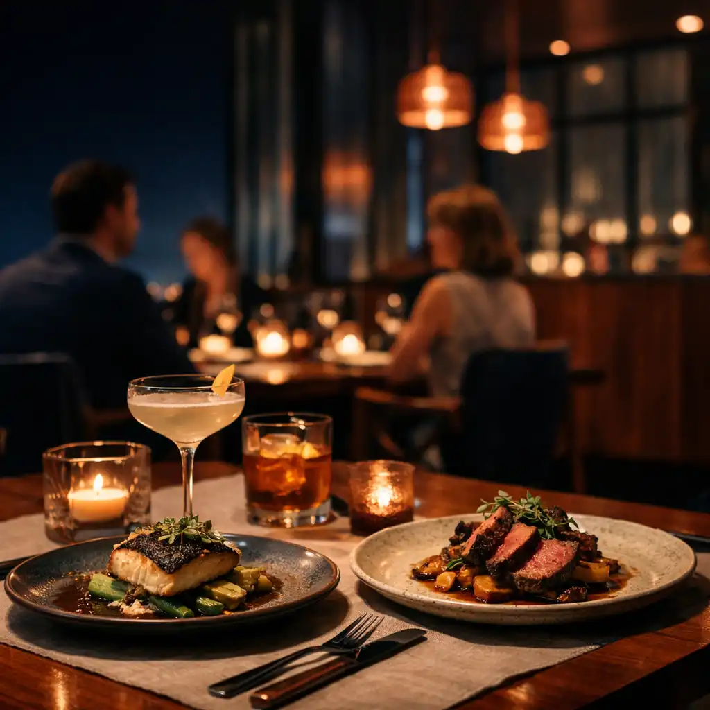 Warm Perth dining room with contemporary dishes, cocktails, dark timber and pendant lighting