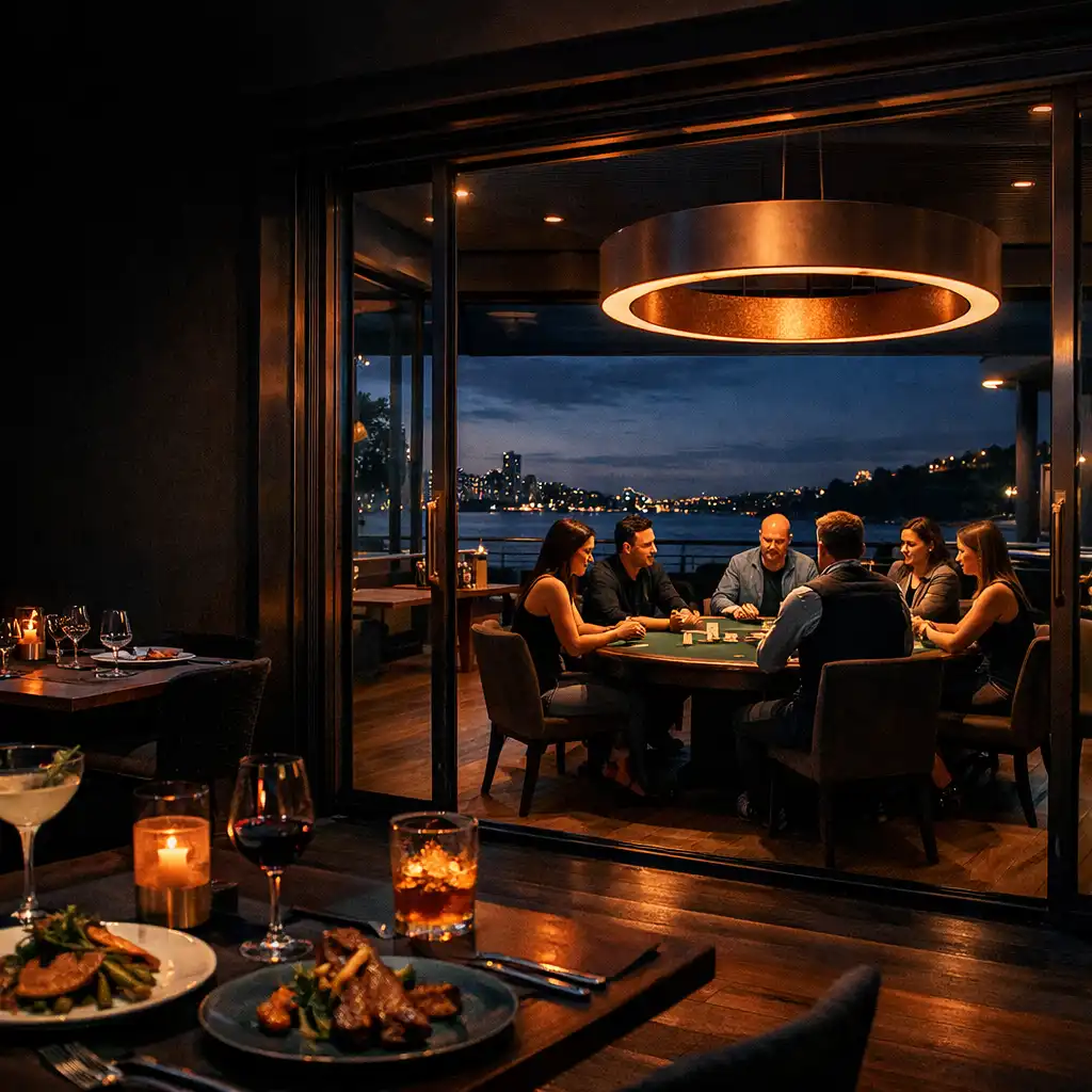 Evening dining terrace opening towards a warmly lit Perth Card Room with players around a Texas Hold’em table