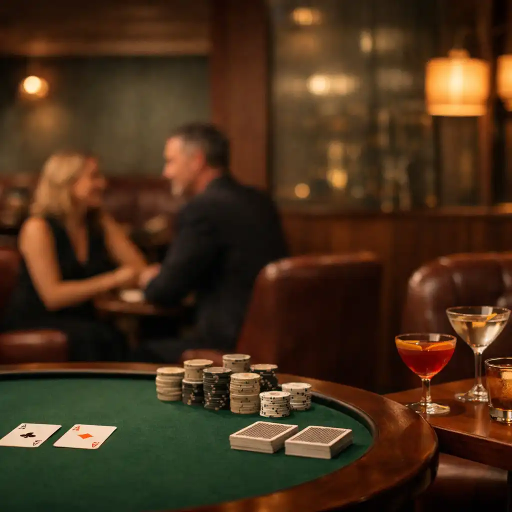An intimate Perth Poker Lounge with a physical table, soft-focus guests, cocktails and warm timber details.
