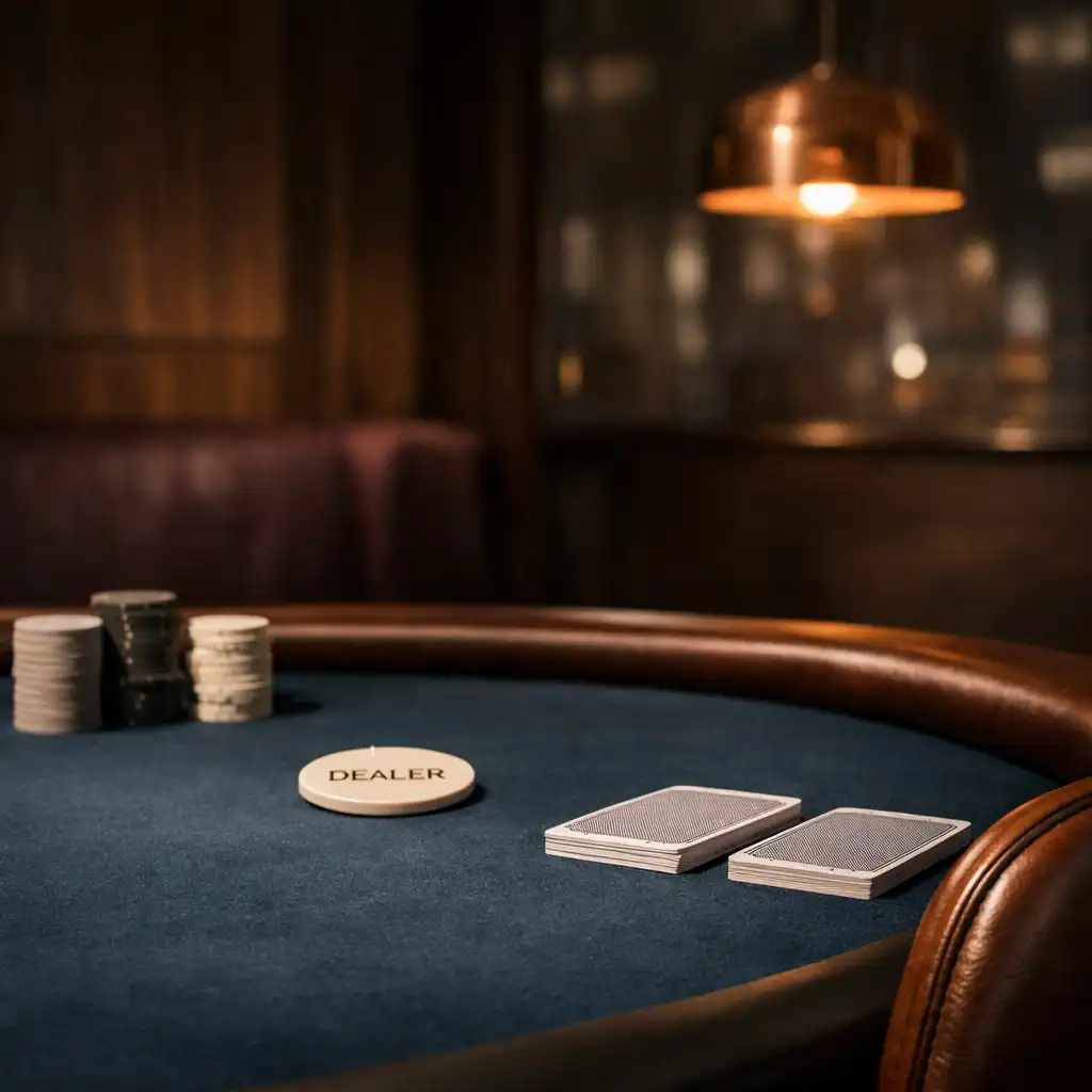 Close view of deep Atlantic felt, cards, a dealer marker and a leather chair in a refined private poker setting.