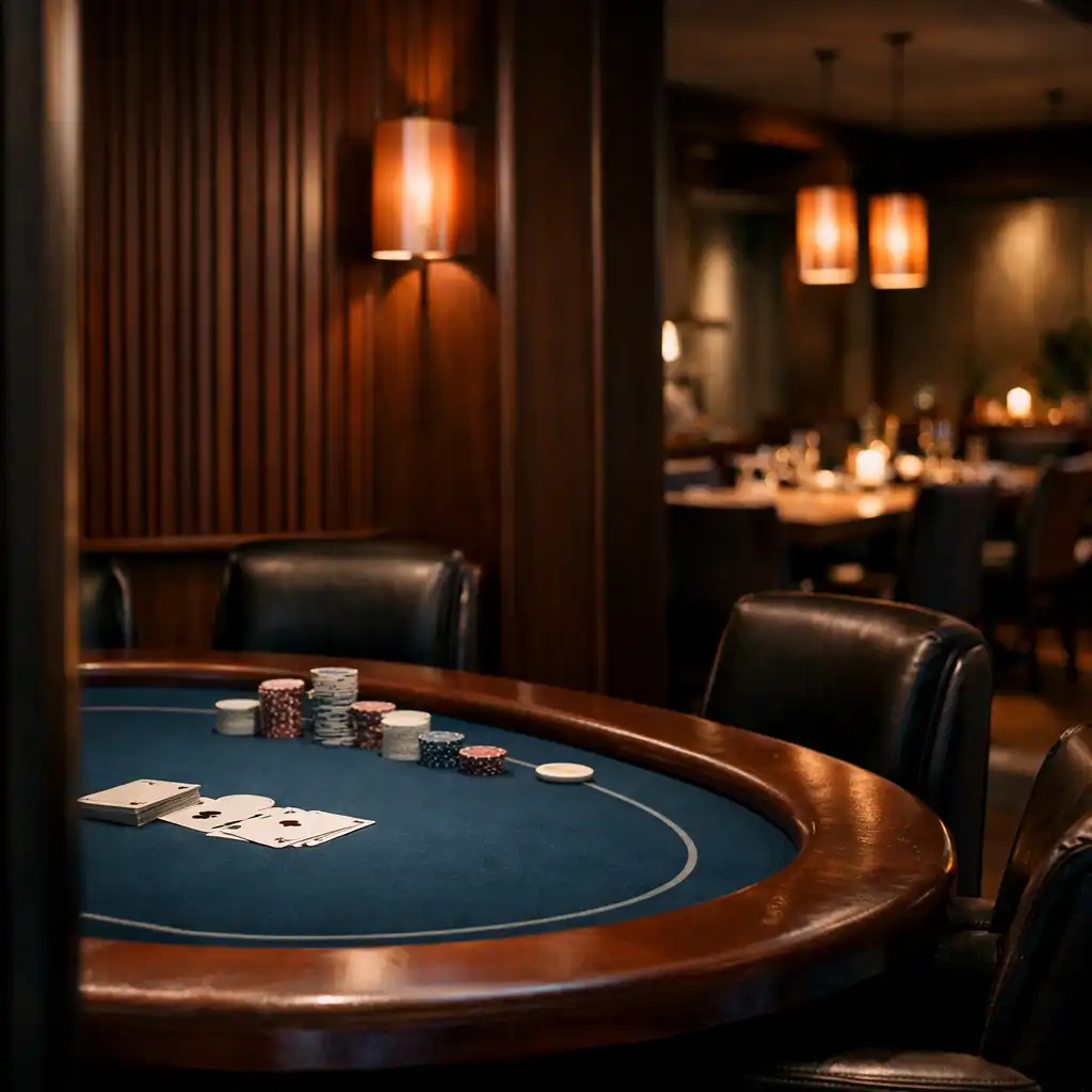 Semi-private Perth Card Room with a prepared felt poker table, leather chairs and warm pendant lighting