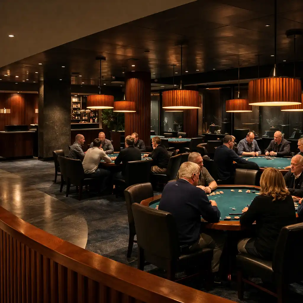 Wide evening view of complete poker tables under pendant lights in a contemporary Perth Card Room