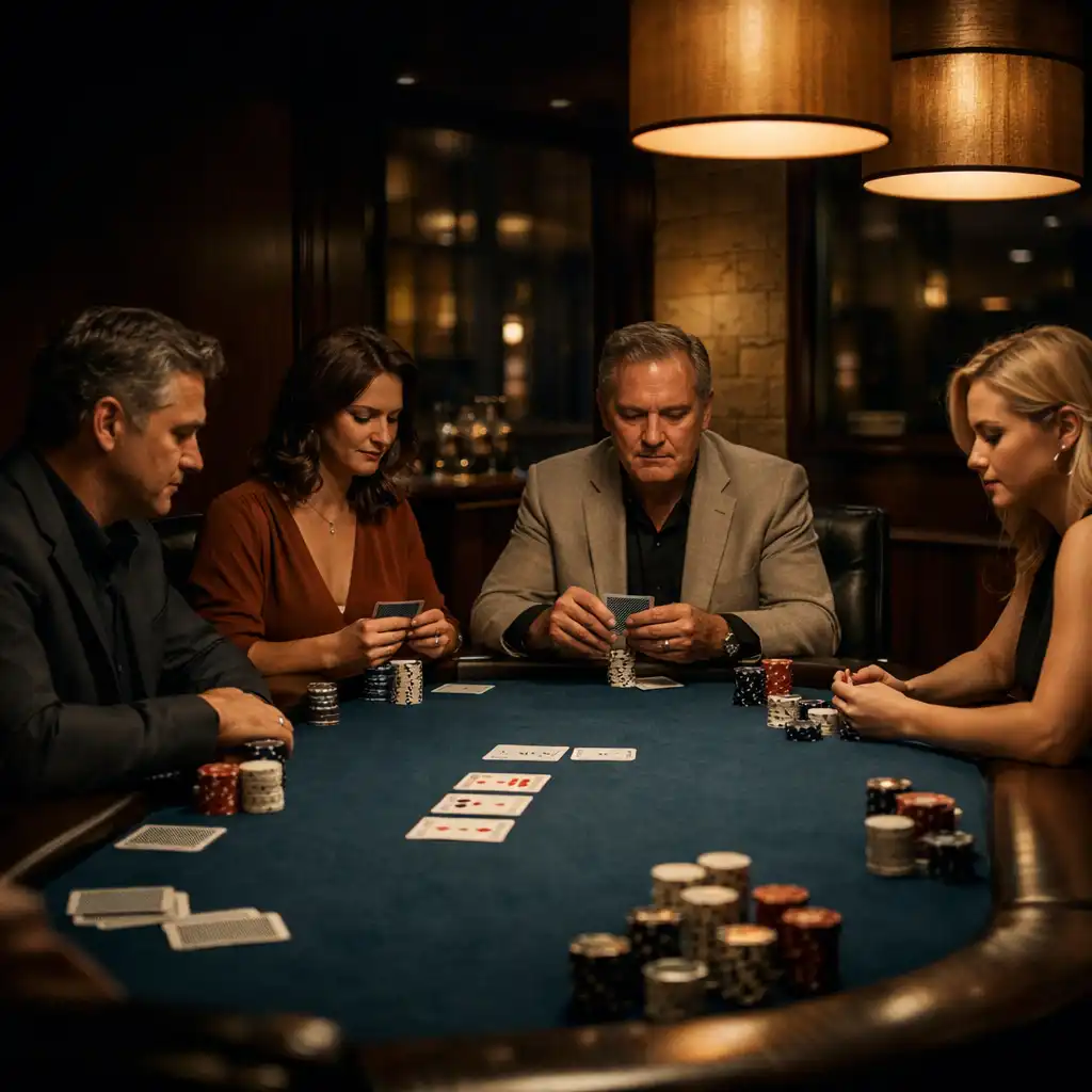 Adult players seated face-to-face at a warmly lit Texas Hold’em table in a Perth Card Room