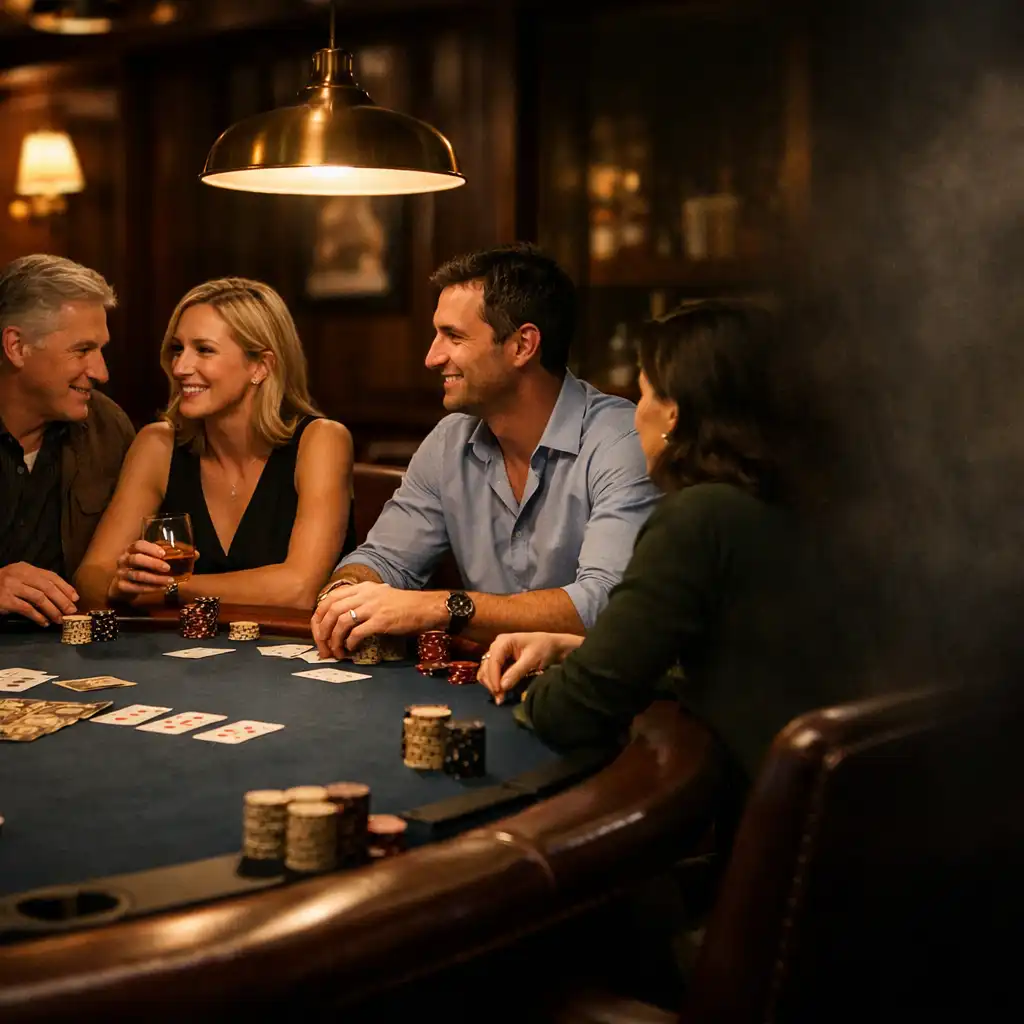 Adult players sharing quiet conversation around a physical poker table in a warm Poker Lounge