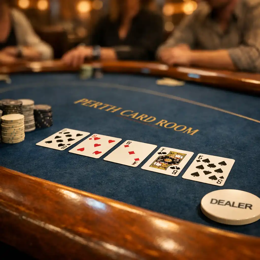 Textured deep blue-green felt, playing cards and neutral chips on a physical Texas Hold’em table with people seated beyond