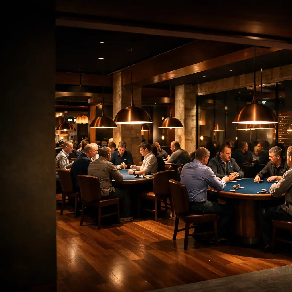 Adult players gathered around physical poker tables under warm pendant lights in a refined Perth Card Room.
